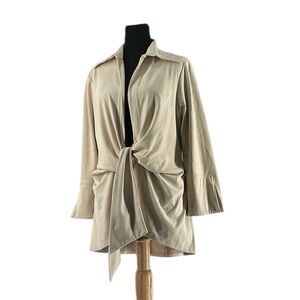 Joseph Ribkoff tie front top faux suede Beige  Collared blouse sz 14